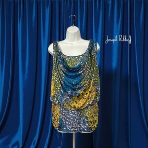 Joseph Ribkoff, Draped Neck Tank Top, Multicolor Print, Sequin Detail, Size 8